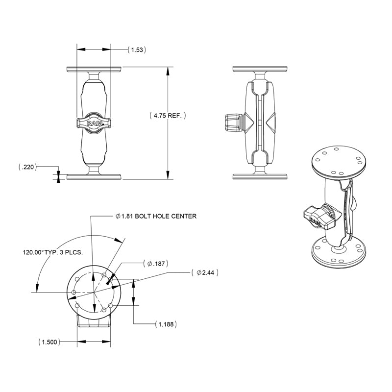 RAM 1" Ball Mount With 2 x 2.5" Round Bases With AMPs Hole Pattern