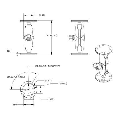 RAM 1" Ball Mount With 2 x 2.5" Round Bases With AMPs Hole Pattern