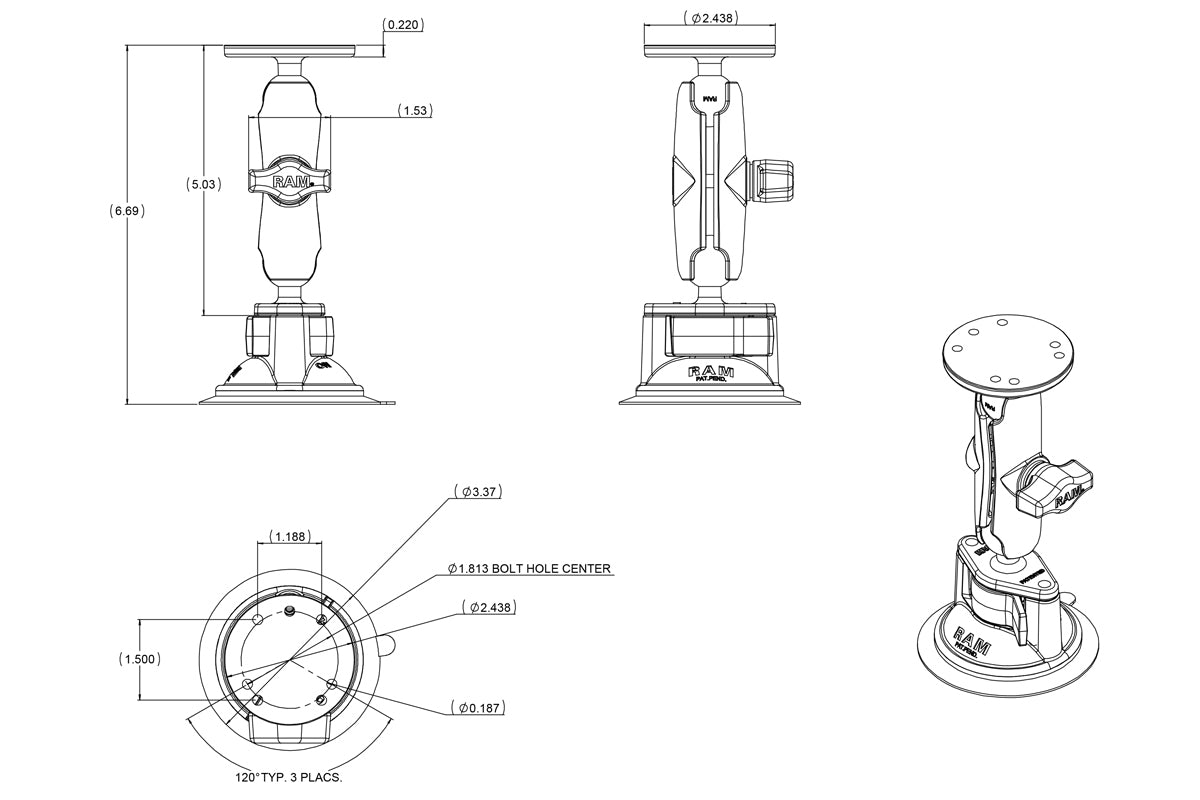 RAM Mount - Twist-Lock Suction Round Plate Standard Arm