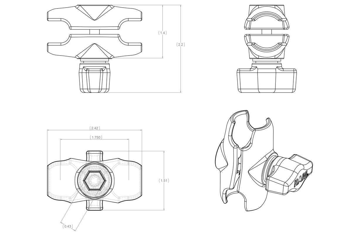 RAM Short Double Socket Arm for 1" Ball Bases