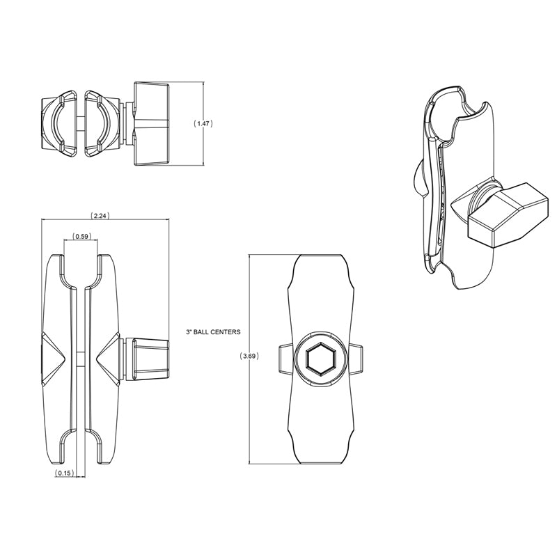 RAM Double Socket Arm for 1" Ball Bases