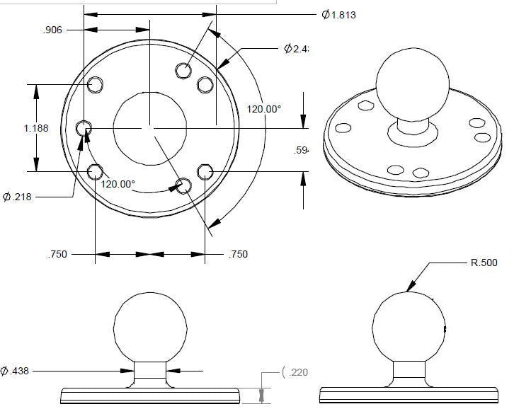 RAM 1" Ball With Round Screw On Base