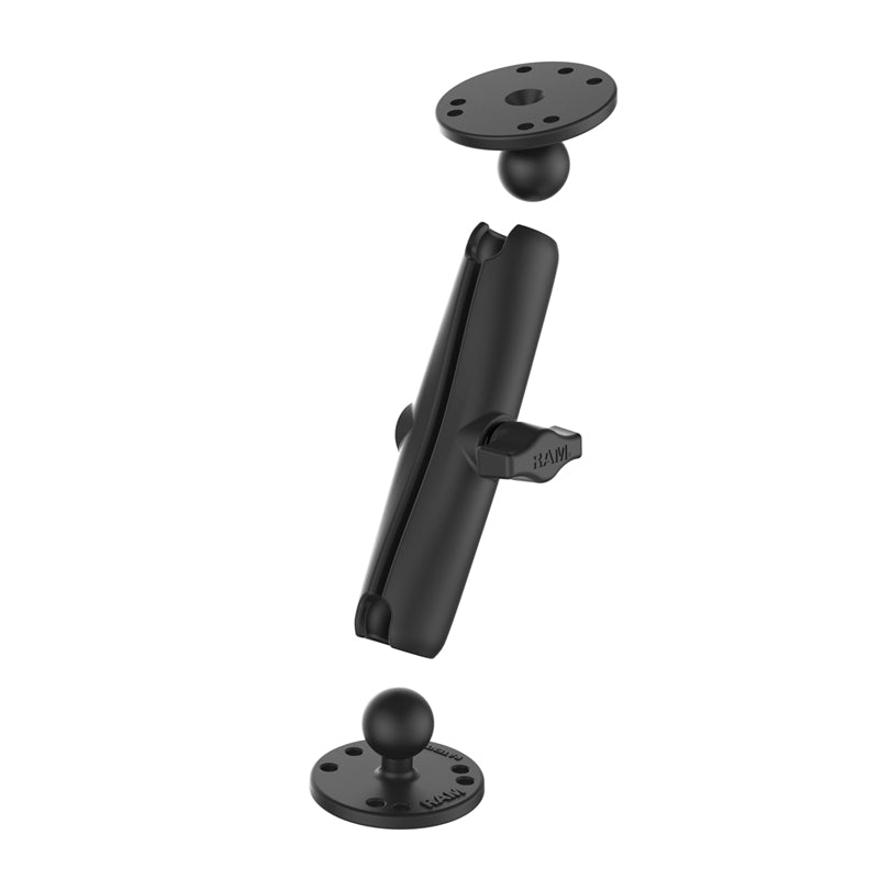 RAM 1" Ball Mount with Long Double Socket Arm & 2/2.5" Round Bases that contain the AMPs hole pattern